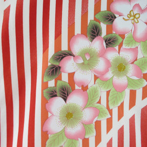 小紋 洗える着物 縞に桜柄 白・赤色 袷 広衿 Lサイズ ポリエステル100％ カジュアル 身丈163cm 美品
