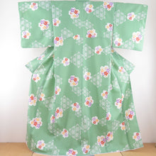 Load image into Gallery viewer, Kimon Washable kimono cherry blossom pattern green lined lined wide collar L size polyester 100 % casual height 167cm