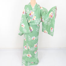 Load image into Gallery viewer, Kimon Washable kimono cherry blossom pattern green lined lined wide collar L size polyester 100 % casual height 167cm