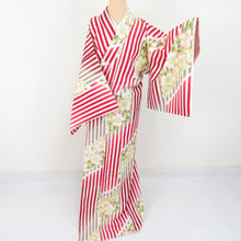 Load image into Gallery viewer, Komon Washable kimono cherry blossoms in cherry blossoms white / red lined wide collar L size polyester 100 % casual height 165cm beautiful goods