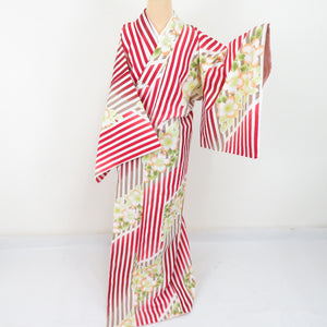 Komon Washable kimono cherry blossoms in cherry blossoms white / red lined wide collar L size polyester 100 % casual height 165cm beautiful goods