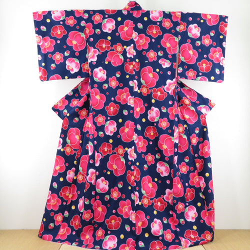 Komon Washing Kimono Tsubaki Popular Navy Black Lined Color Color Back Back L -Size Polyester Casual Casual Height 164cm