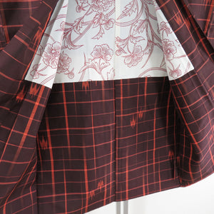 Kimono Court Road Middlewear / Long Road 2 pieces Set Tsumugi Lattice Court Brown Pure Silk Outpo