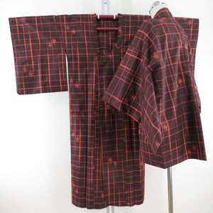 Kimono Court Road Middlewear / Long Road 2 pieces Set Tsumugi Lattice Court Brown Pure Silk Outpo