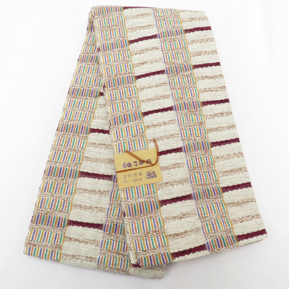 半幅帯 帯締め付き 半巾帯 紬さがの 白茶×赤紫色 長さ約3m95cm 巾約 