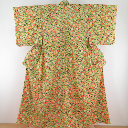 ウール着物 単衣 黄色ｘ緑色 花唐草模様 織り文様 バチ衿 カジュアルきもの 仕立て上がり 身丈154cm 美品