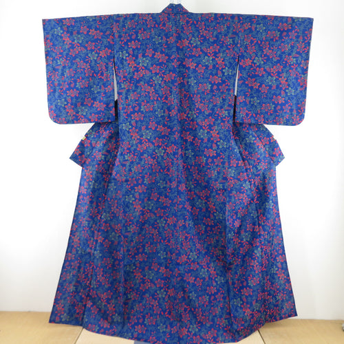 Wool kimono single clothes blue x orange flower pattern woven pattern Bachi collar casual kimono tailoring