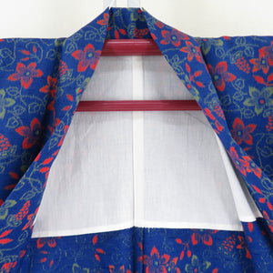 ウール着物 単衣 青色ｘオレンジ色 花柄 織り文様 バチ衿 カジュアルきもの 仕立て上がり 身丈162cm 美品