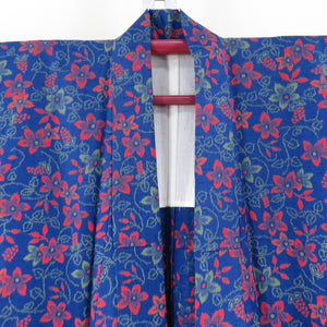 ウール着物 単衣 青色ｘオレンジ色 花柄 織り文様 バチ衿 カジュアルきもの 仕立て上がり 身丈162cm 美品