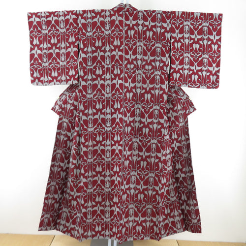 ウール着物 単衣 朱色 更紗模様 織り文様 バチ衿 カジュアルきもの 仕立て上がり 身丈150cm