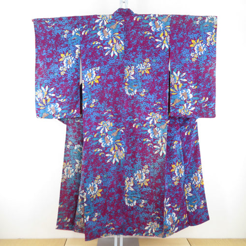 小紋 アンティーク着物 正絹 袷 花柄 赤紫 バチ衿 小さめサイズ 身丈147cm