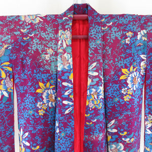 Komon Antique Kimono Pure Silk Lined Flower Pattern Red Purple Bee Collar Small Size 147cm