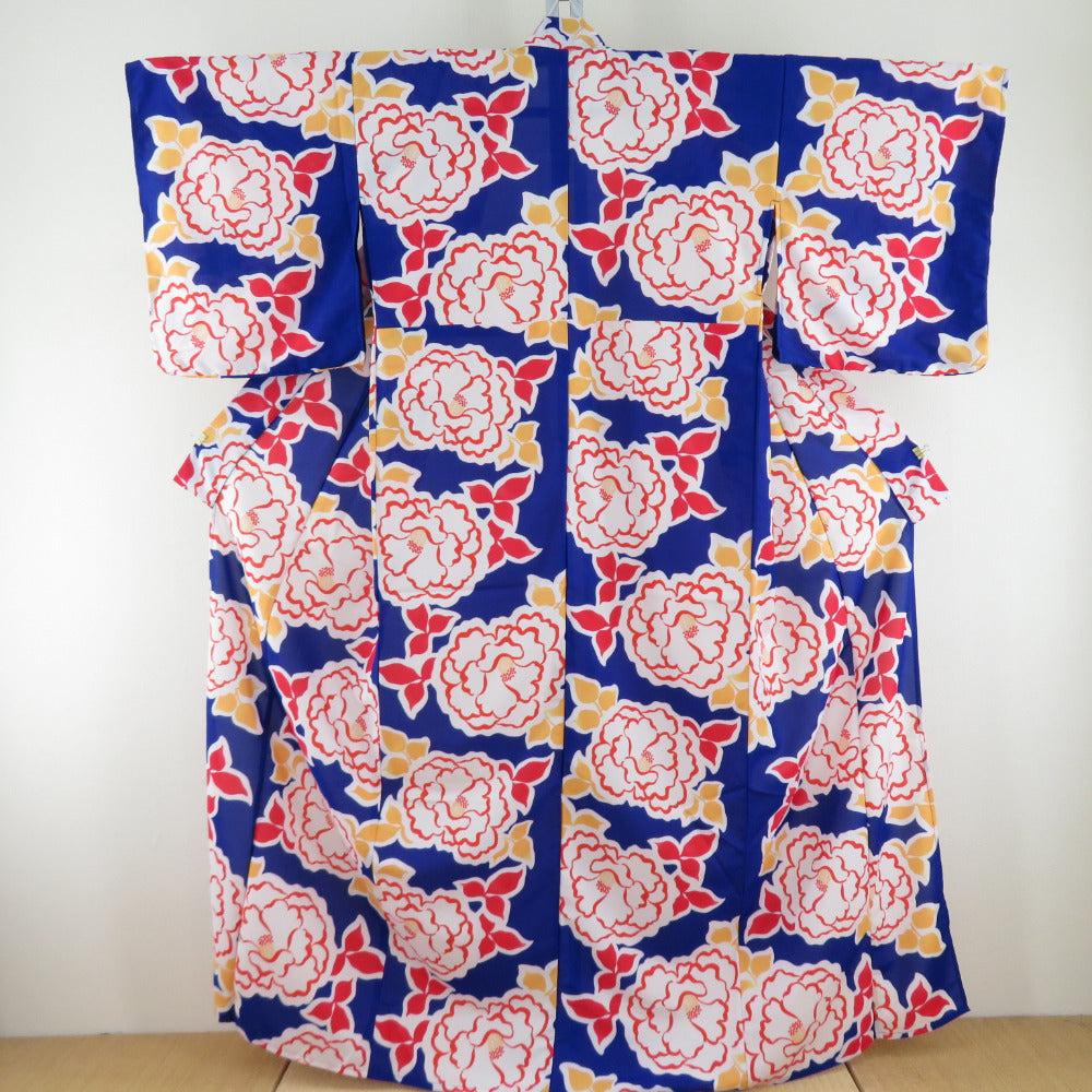 Summer kimono Komon Washing Kimono Kimono Kimono Camellia Blue x Orange x Red F Size Bee Bee Collar 100 % Casual Summer Summer Studio 164cm Beautiful goods