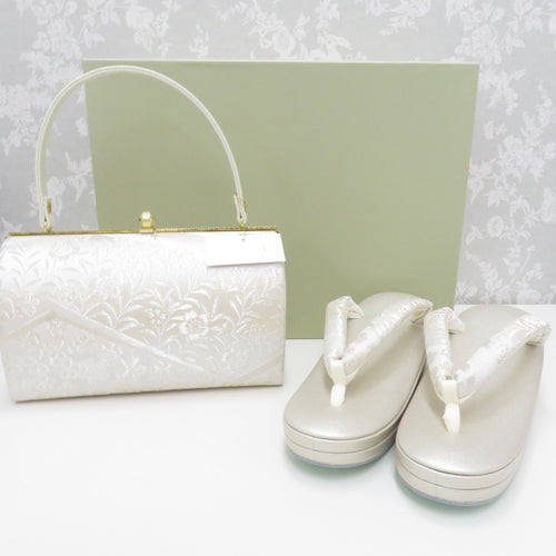 Sandals / Bag Set for Shiraume Made M size Formal Silver x Cream Frequent Flower 24.0cm Made in Japan Cow skin