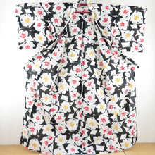 Load image into Gallery viewer, Summer kimono Komon Washable kimono flower sentence white / black single garment Bachi collar F size polyester 100 % Casual Summer Numbers 166cm