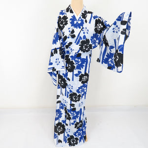 Summer kimono small crest Washable kimono stripes with flower pattern white / blue single clothes Bachi collar F size polyester 100 % casual summer