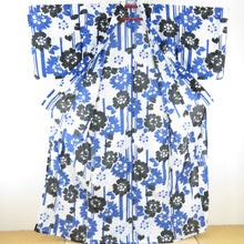 Load image into Gallery viewer, Summer kimono small crest Washable kimono stripes with flower pattern white / blue single clothes Bachi collar F size polyester 100 % casual summer