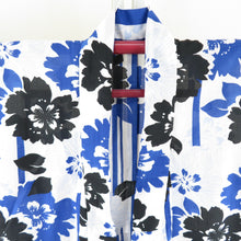 Load image into Gallery viewer, Summer kimono small crest Washable kimono stripes with flower pattern white / blue single clothes Bachi collar F size polyester 100 % casual summer