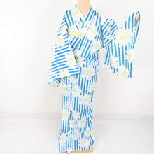 Load image into Gallery viewer, Summer kimono small crest Washable kimono stripes with flower pattern white / light blue single garment Bee collar F size polyester 100 % Casual Numbers Power 164cm