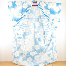 Load image into Gallery viewer, Summer kimono small crest Washable kimono stripes with flower pattern white / light blue single garment Bee collar F size polyester 100 % Casual Numbers Power 164cm