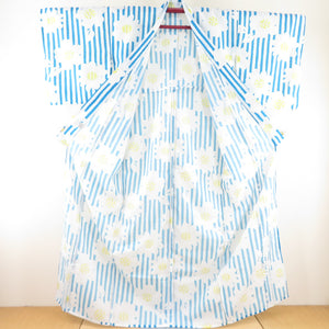 Summer kimono small crest Washable kimono stripes with flower pattern white / light blue single garment Bee collar F size polyester 100 % Casual Numbers Power 164cm