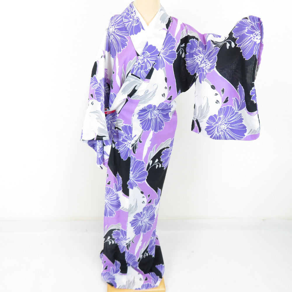 夏着物 小紋 洗える着物 花文様 白・紫色 単衣 バチ衿 Fサイズ