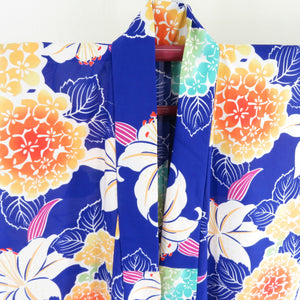 Summer kimono small crest Washable kimono hydrangea with lily pattern bluish and purple cloth Bachi collar F size polyester 100 % casual summer height 166cm