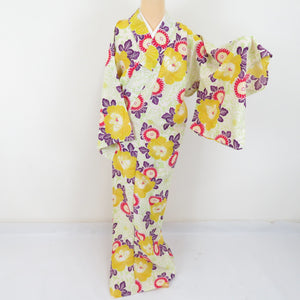 Summer kimono Komon Washable kimono chrysanthemum and peony sentence yellow -green single garment Bachi collar F size polyester 100 % Casual Numb 160cm