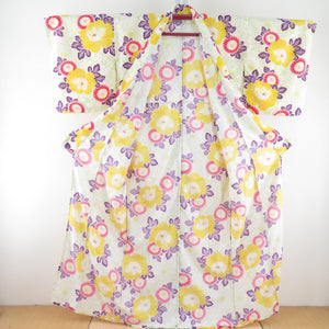 Summer kimono Komon Washable kimono chrysanthemum and peony sentence yellow -green single garment Bachi collar F size polyester 100 % Casual Numb 160cm
