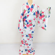 Load image into Gallery viewer, Summer kimono small crest Washable kimono Tsubaki pattern white single garment collar f size polyester 100 % casual summer height 165cm