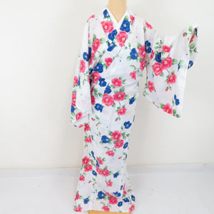 Summer kimono small crest Washable kimono Tsubaki pattern white single garment collar f size polyester 100 % casual summer height 165cm