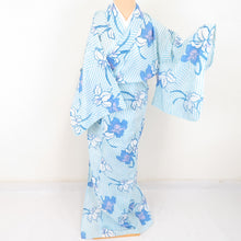 Load image into Gallery viewer, Summer kimono Komon Washable kimono Narcissus bracket white / light blue cloth Bachi collar F size polyester 100 % Casual Numbers Palace 163cm