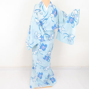 Summer kimono Komon Washable kimono Narcissus bracket white / light blue cloth Bachi collar F size polyester 100 % Casual Numbers Palace 163cm