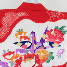 Load image into Gallery viewer, Children&#39;s kimono girl one body red x white aperture crane on a flower sentence Formal girl Shichigosan celebration Children&#39;s height 100.5cm Difficult