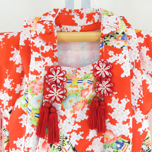 Children's kimono girl for girls 1 body 2 -piece set Orange x White colored fibro fiber plum and fan statement pattern formal girl Shichigosan celebration Children's height 93.5cm beautiful goods