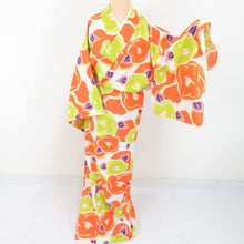 Load image into Gallery viewer, Summer kimono Komon Kimon Kimono Tsubaki pattern White / orange single clothes Bachi collar F size polyester 100 % Casual summer height 164cm