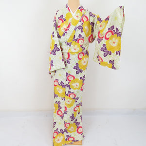 Summer kimono small crest Washable kimono, chrysanthemum, chrysanthemum, pale yellow green single garment collar F size polyester 100 % Casual summer height 163cm