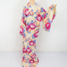 Load image into Gallery viewer, Summer kimono small crest Washable kimono chrysanthemum and peony phase yellow cloth Bachi collar F size polyester 100 % Casual summer height 163cm