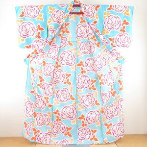 Summer kimono small crest Washable kimono peony pattern light blue dress Bachi collar F size polyester 100 % casual summer height 164cm