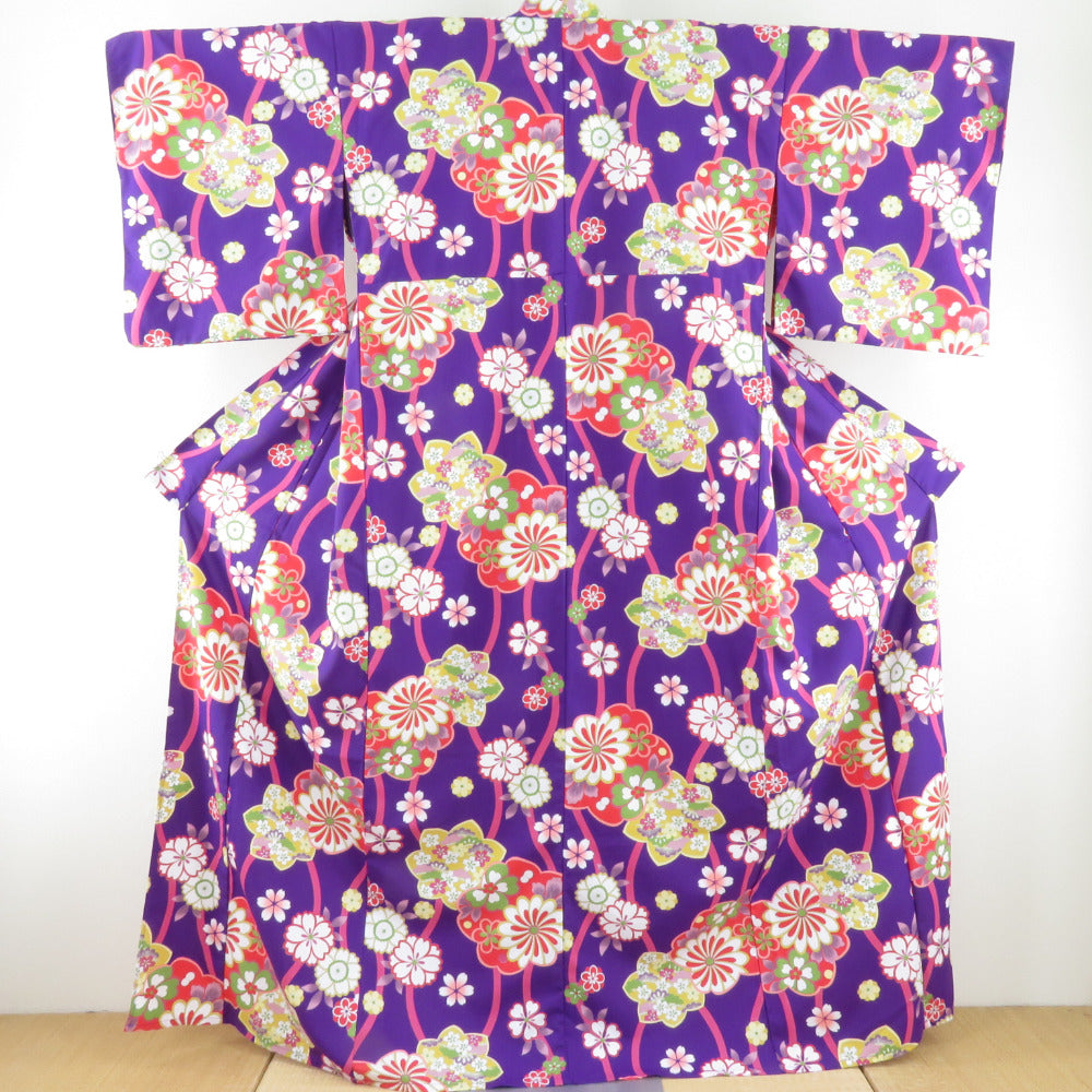 夏着物 小紋 洗える着物 単衣 立涌に花文様 紫色 バチ衿 Fサイズ ポリエステル100％ カジュアル 夏物 身丈165cm