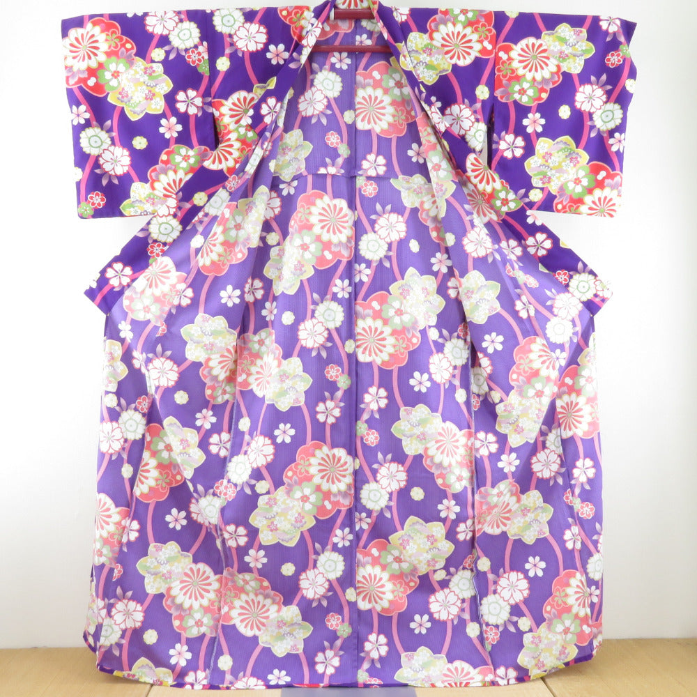 夏着物 小紋 洗える着物 単衣 立涌に花文様 紫色 バチ衿 Fサイズ