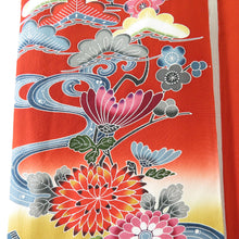 Load image into Gallery viewer, Kimono Red -type landscape pattern Pushitu plum birds in Shochiku Umebori, pure silk lined lined collar vermilion x black blurry adult ceremony graduation ceremony formal tailoring kimono height 158cm