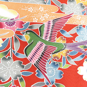 Kimono Red -type landscape pattern Pushitu plum birds in Shochiku Umebori, pure silk lined lined collar vermilion x black blurry adult ceremony graduation ceremony formal tailoring kimono height 158cm
