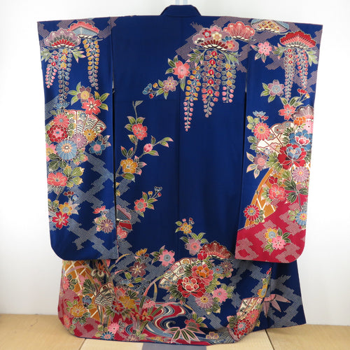 Kimono -shaped flowers in red -shaped flowers pure silk pure silk lined lined collar dark blue x vermilion adult ceremony graduation ceremony formal tailoring kimono 160cm beautiful goods