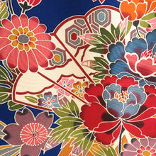 Load image into Gallery viewer, Kimono -shaped flowers in red -shaped flowers pure silk pure silk lined lined collar dark blue x vermilion adult ceremony graduation ceremony formal tailoring kimono 160cm beautiful goods