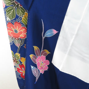 Kimono -shaped flowers in red -shaped flowers pure silk pure silk lined lined collar dark blue x vermilion adult ceremony graduation ceremony formal tailoring kimono 160cm beautiful goods