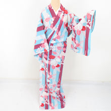 Load image into Gallery viewer, Summer kimono Komon Washable kimono Single clothing striped Tachibana Light blue purple Bachi collar F size polyester 100 % Casual Numbers