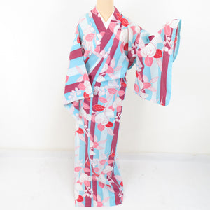 Summer kimono Komon Washable kimono Single clothing striped Tachibana Light blue purple Bachi collar F size polyester 100 % Casual Numbers