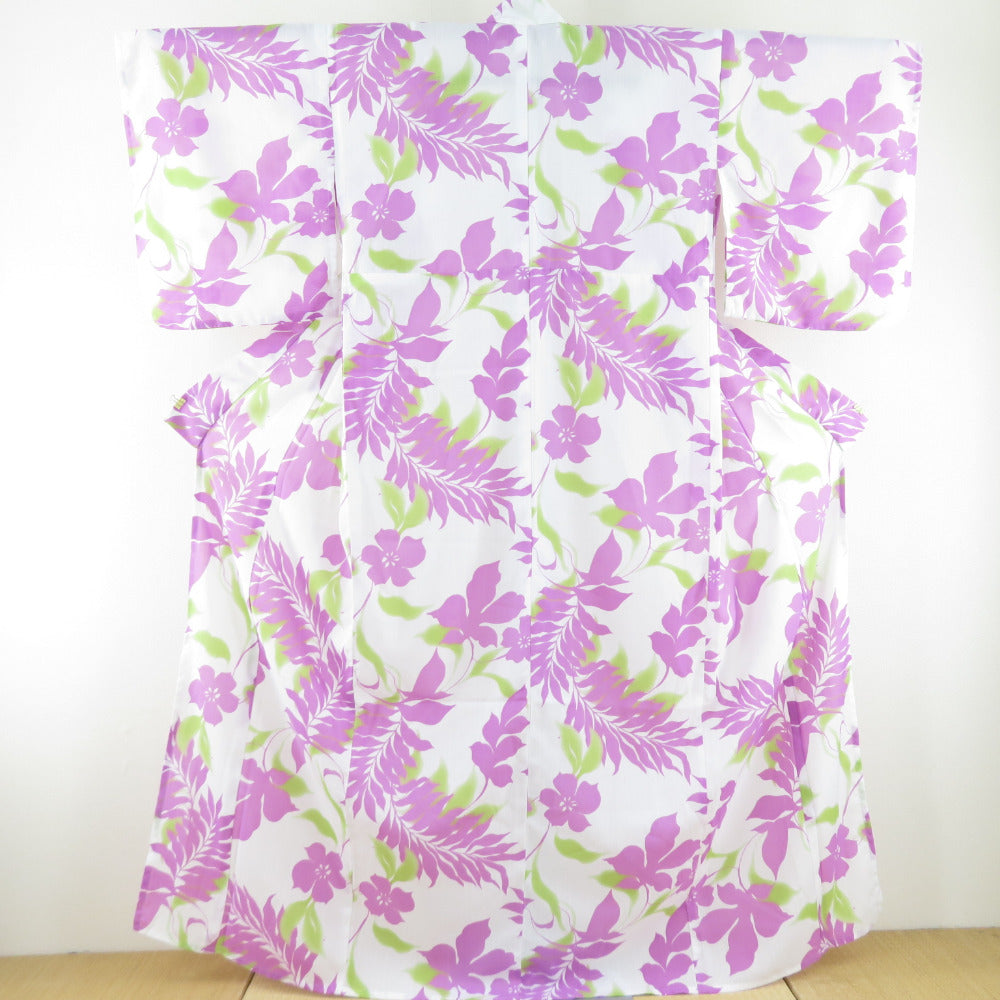 夏着物 小紋 洗える着物 単衣 花文様 白色 紫系 バチ衿 Fサイズ ポリエステル100％ カジュアル 夏物 身丈164cm