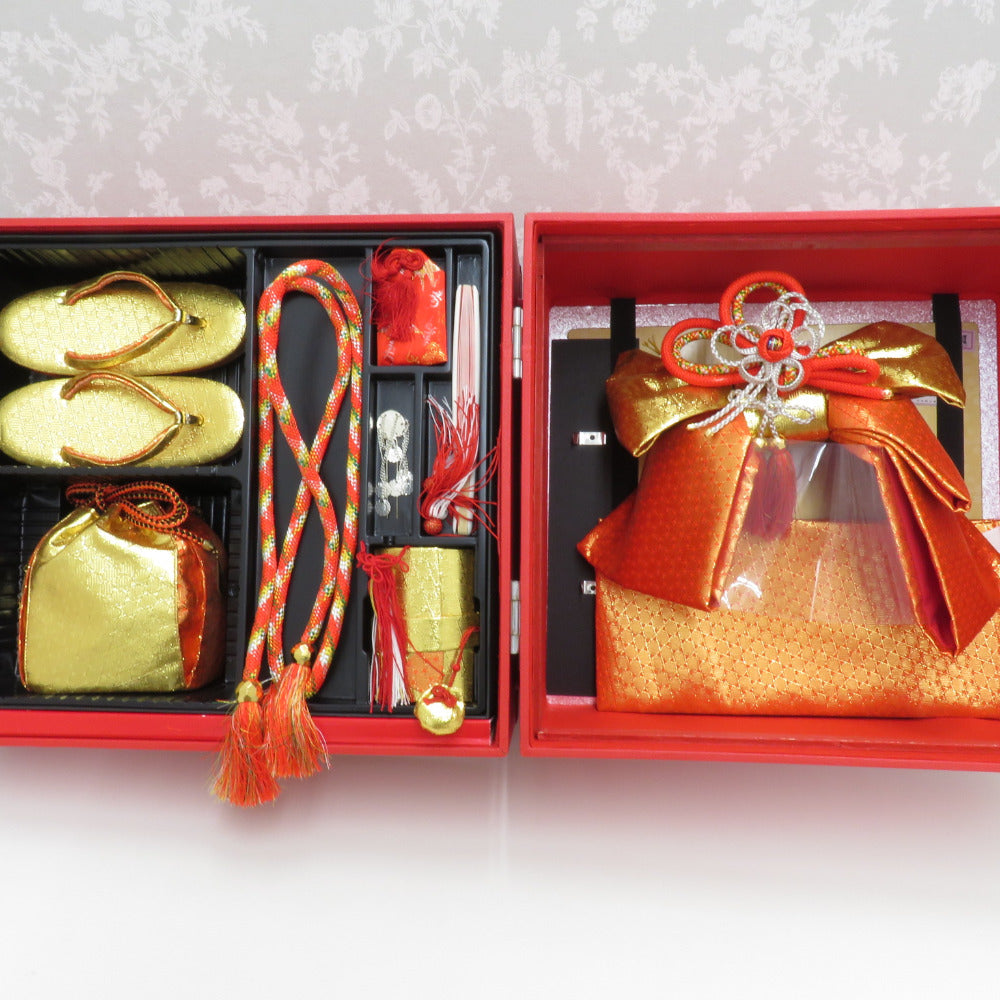 Children's kimono girl Hakosako set 8 -piece set Orange x Golden girls medium size size Shichigosan